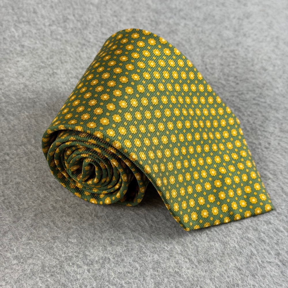 VTG Brooks Brothers Makers Silk Tie Green Yellow Geometric Floral USA 55x3.75"